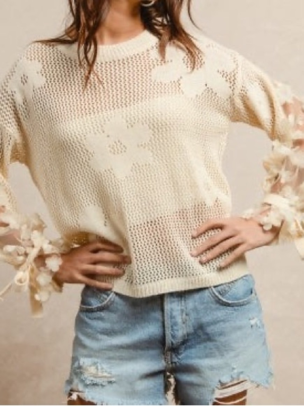 BiBi Cream Open-Weave Crewneck Sweater with Floral Appliqué